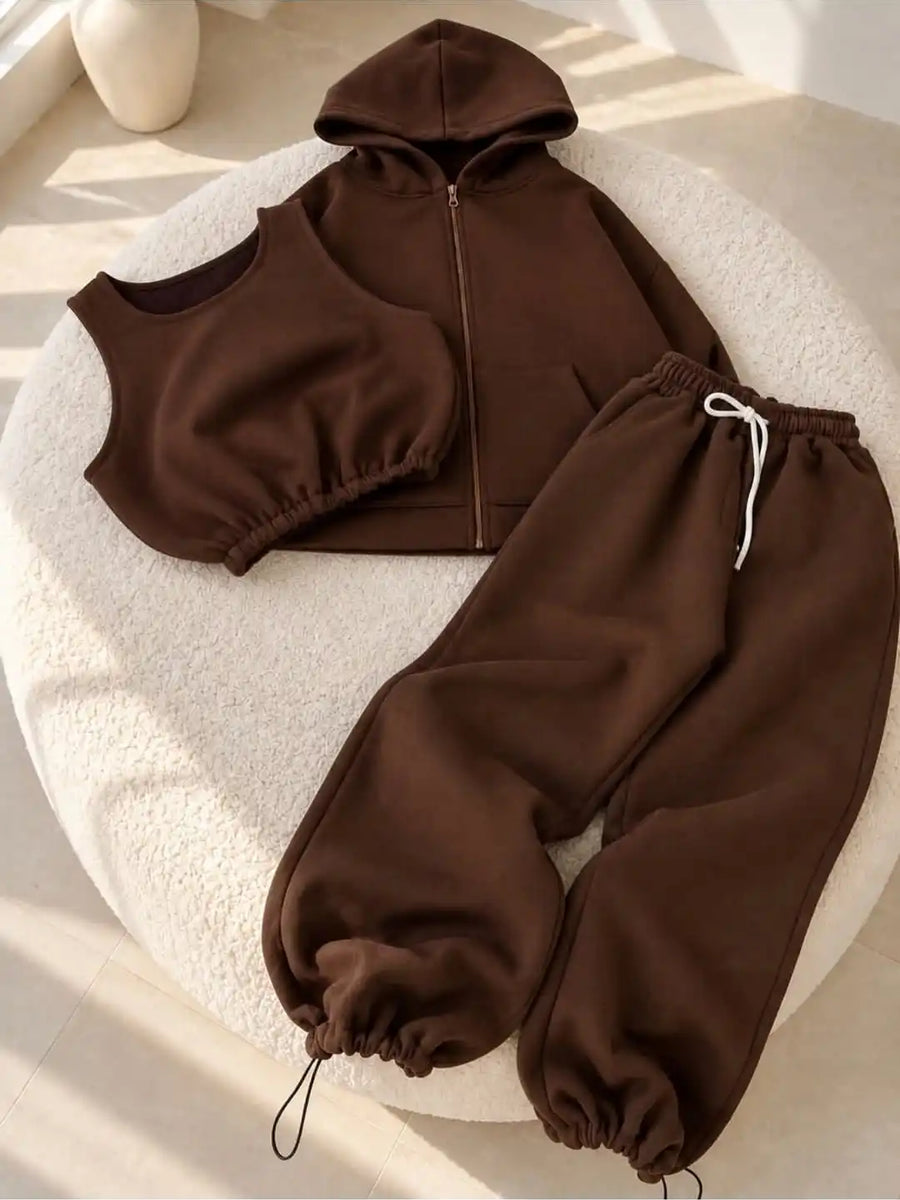 3-Piece Tracksuit Set – Zip Hoodie, Crop Top & Wide-Leg Sweatpants