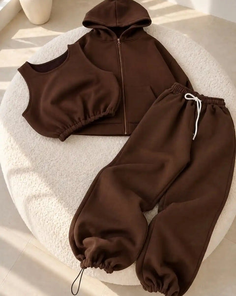 3-Piece Tracksuit Set – Zip Hoodie, Crop Top & Wide-Leg Sweatpants