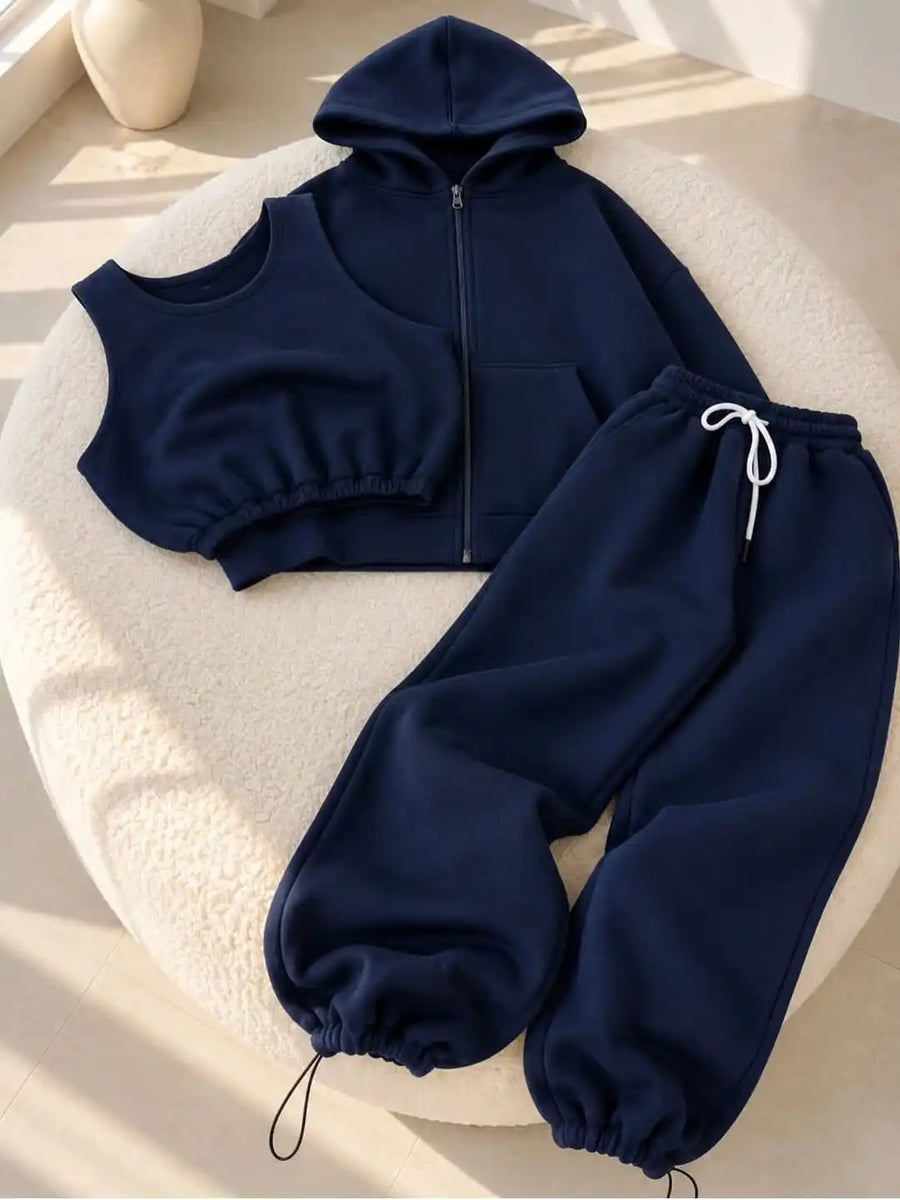 3-Piece Tracksuit Set – Zip Hoodie, Crop Top & Wide-Leg Sweatpants