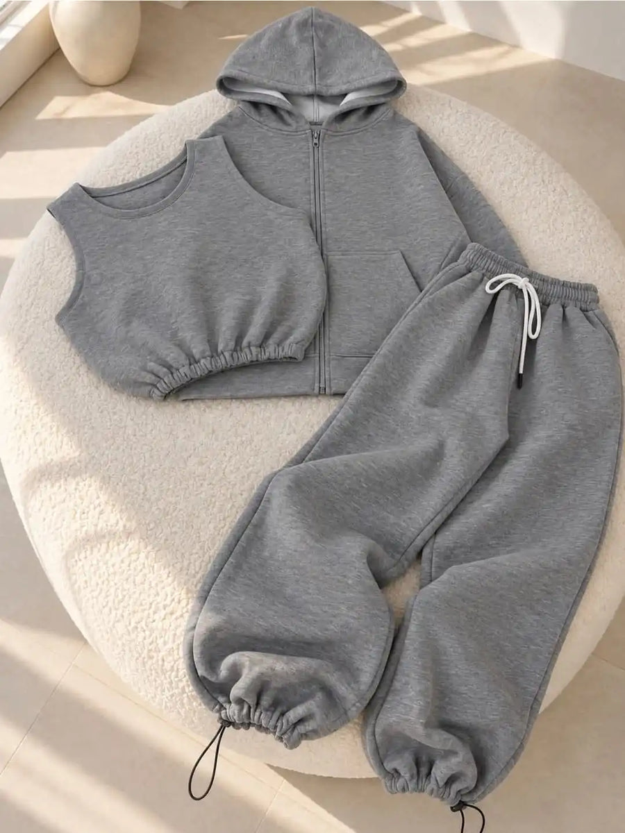 3-Piece Tracksuit Set – Zip Hoodie, Crop Top & Wide-Leg Sweatpants