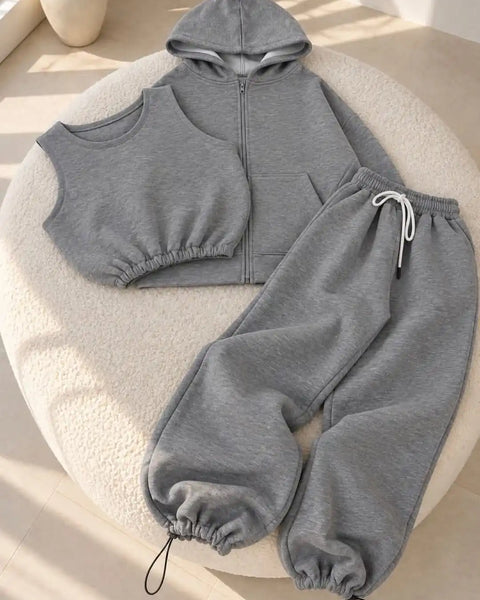 3-Piece Tracksuit Set – Zip Hoodie, Crop Top & Wide-Leg Sweatpants