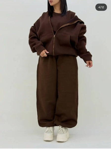 3-Piece Tracksuit Set – Zip Hoodie, Crop Top & Wide-Leg Sweatpants