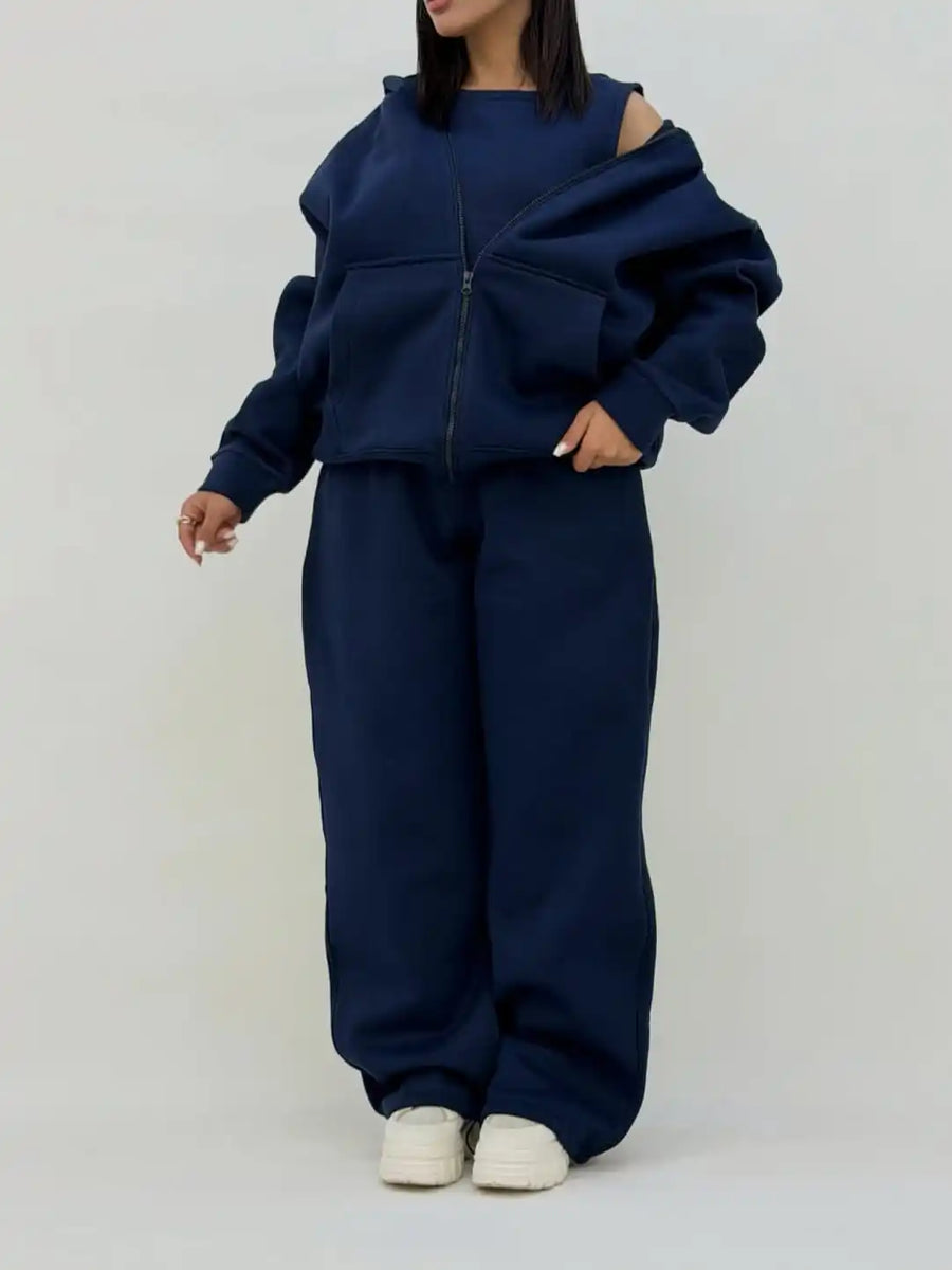 3-Piece Tracksuit Set – Zip Hoodie, Crop Top & Wide-Leg Sweatpants