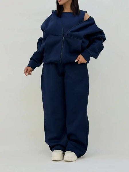 3-Piece Tracksuit Set – Zip Hoodie, Crop Top & Wide-Leg Sweatpants