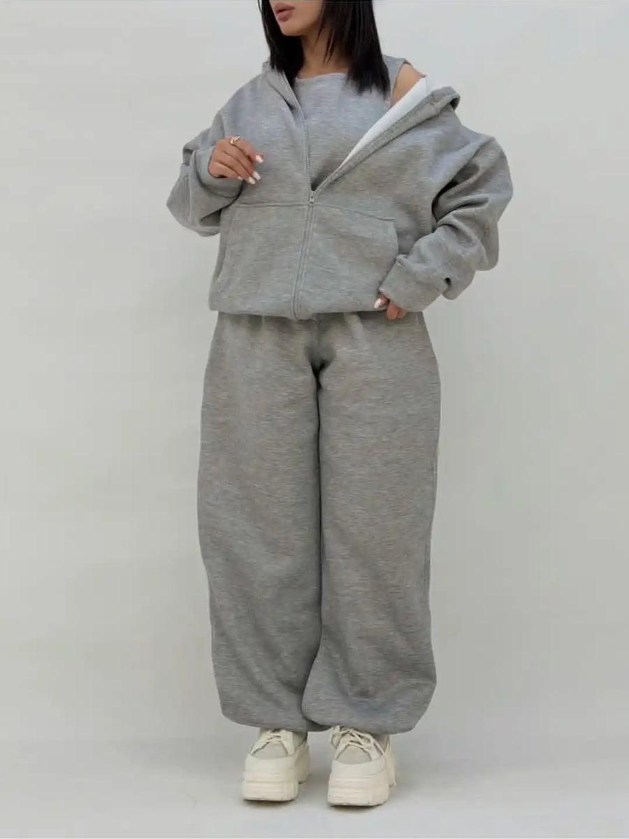3-Piece Tracksuit Set – Zip Hoodie, Crop Top & Wide-Leg Sweatpants