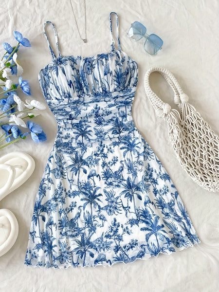 Blue & White Toile De Jouy Print Ruched Mini Dress