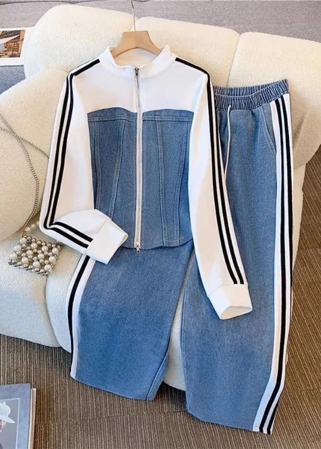 Denim & White Color-Block Tracksuit Set