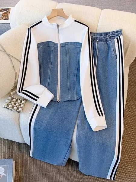 Denim & White Color-Block Tracksuit Set