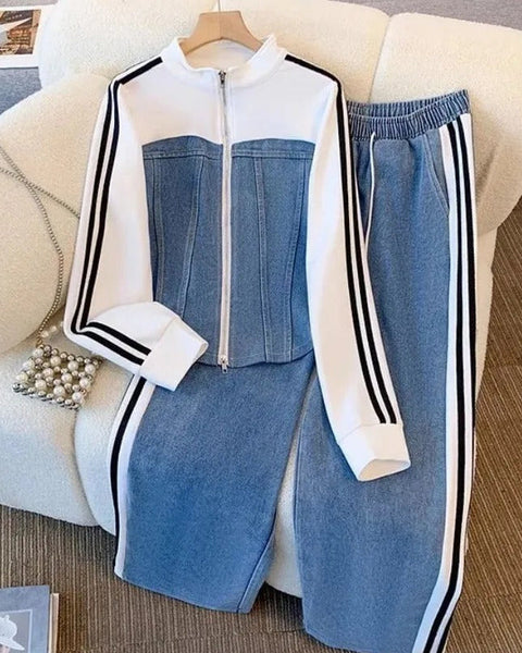 Denim & White Color-Block Tracksuit Set