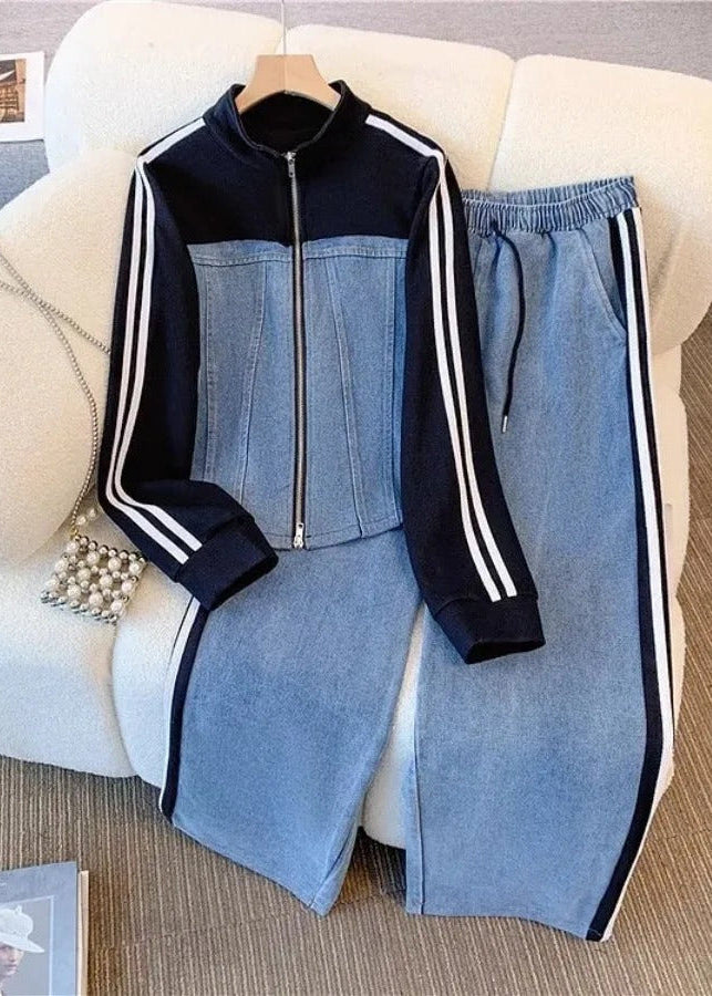 Denim & White Color-Block Tracksuit Set