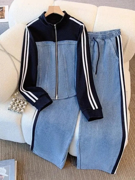 Denim & White Color-Block Tracksuit Set