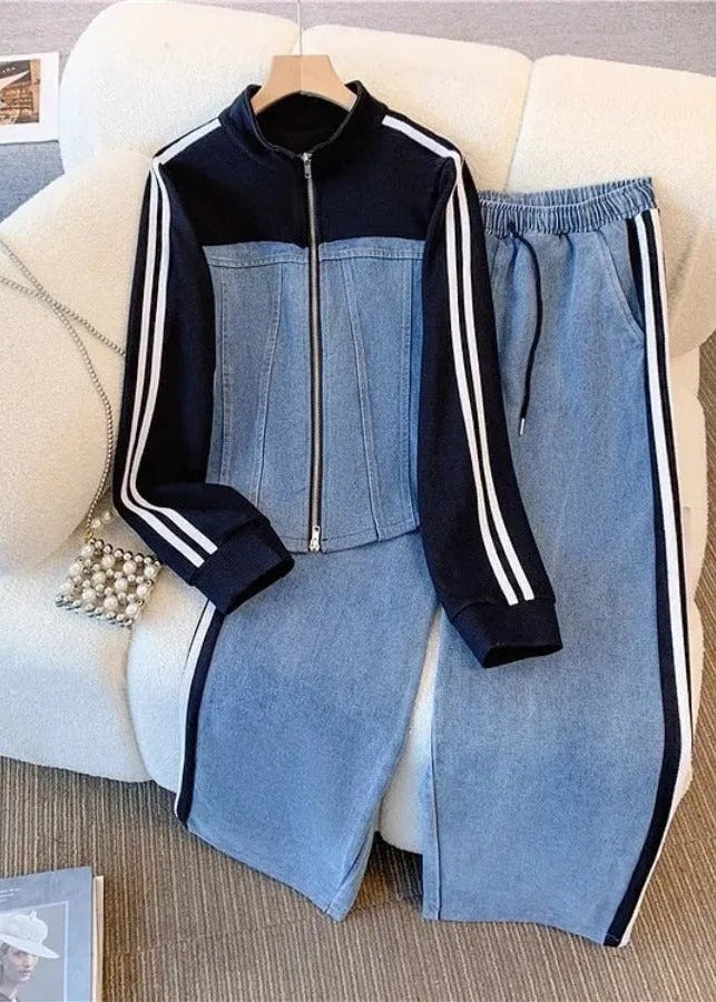 Denim & White Color-Block Tracksuit Set