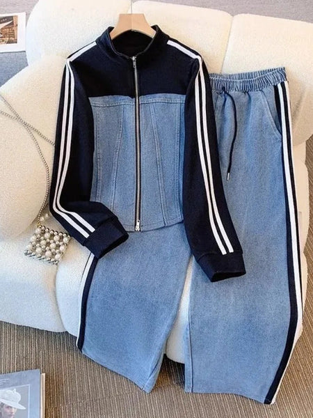 Denim & White Color-Block Tracksuit Set