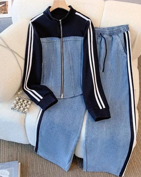 Denim & White Color-Block Tracksuit Set