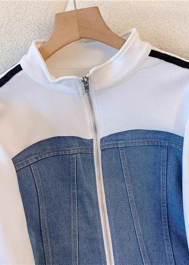 Denim & White Color-Block Tracksuit Set