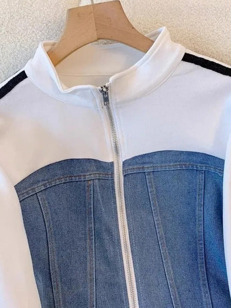 Denim & White Color-Block Tracksuit Set