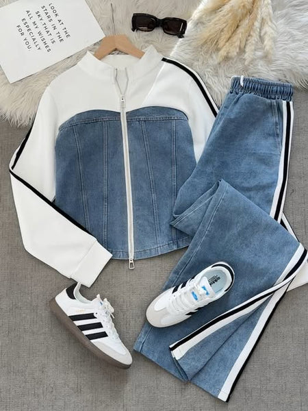Denim & White Color-Block Tracksuit Set