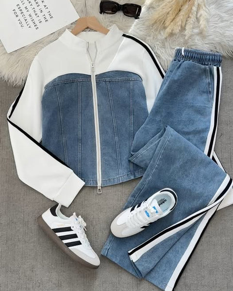 Denim & White Color-Block Tracksuit Set