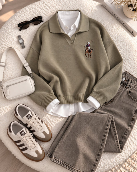 Polo-Collar Knit Sweater with Embroidered Rider