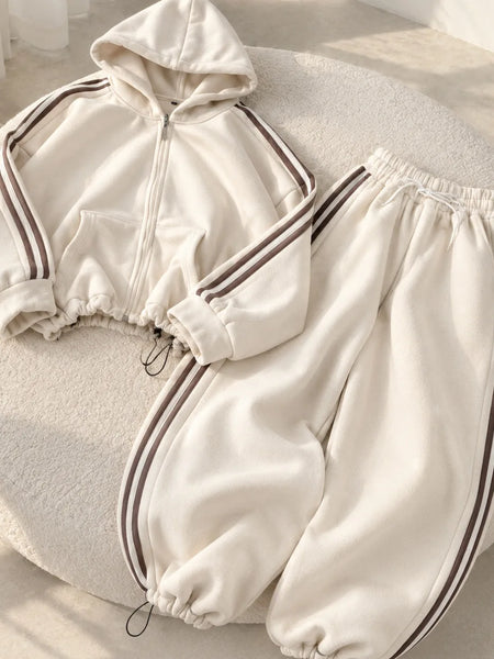 Side-Stripe Fleece Tracksuit Set – Cinch-Hem Zip Hoodie & Wide-Leg Sweatpants