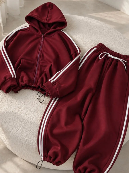 Side-Stripe Fleece Tracksuit Set – Cinch-Hem Zip Hoodie & Wide-Leg Sweatpants