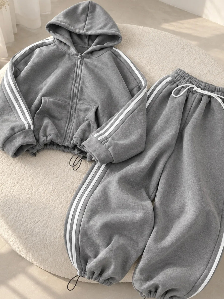 Side-Stripe Fleece Tracksuit Set – Cinch-Hem Zip Hoodie & Wide-Leg Sweatpants