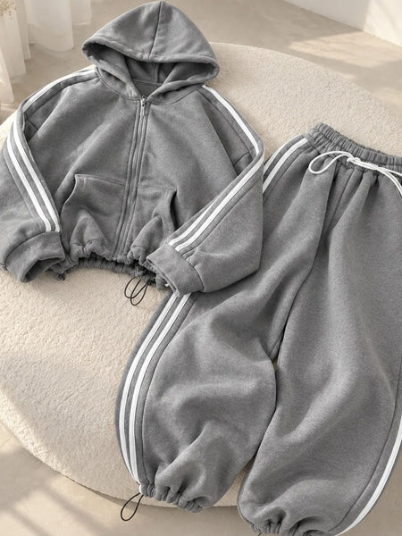 Side-Stripe Fleece Tracksuit Set – Cinch-Hem Zip Hoodie & Wide-Leg Sweatpants