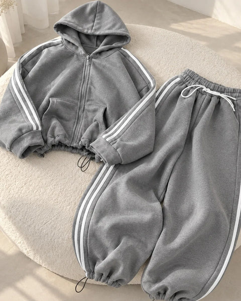 Side-Stripe Fleece Tracksuit Set – Cinch-Hem Zip Hoodie & Wide-Leg Sweatpants
