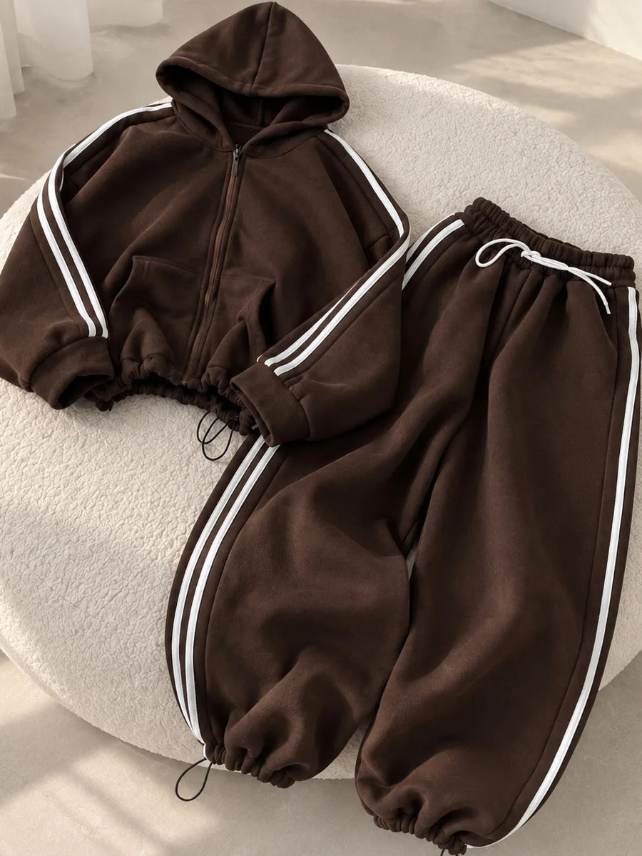 Side-Stripe Fleece Tracksuit Set – Cinch-Hem Zip Hoodie & Wide-Leg Sweatpants