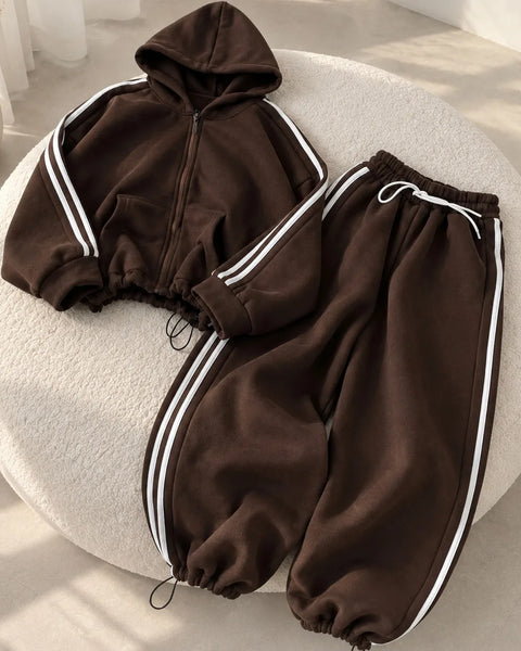 Side-Stripe Fleece Tracksuit Set – Cinch-Hem Zip Hoodie & Wide-Leg Sweatpants