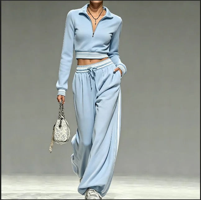 Women's Casual Quarter-Zip Crop Top & Wide-Leg Tracksuit Set