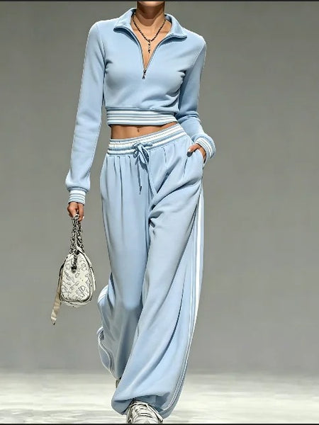 Women's Casual Quarter-Zip Crop Top & Wide-Leg Tracksuit Set