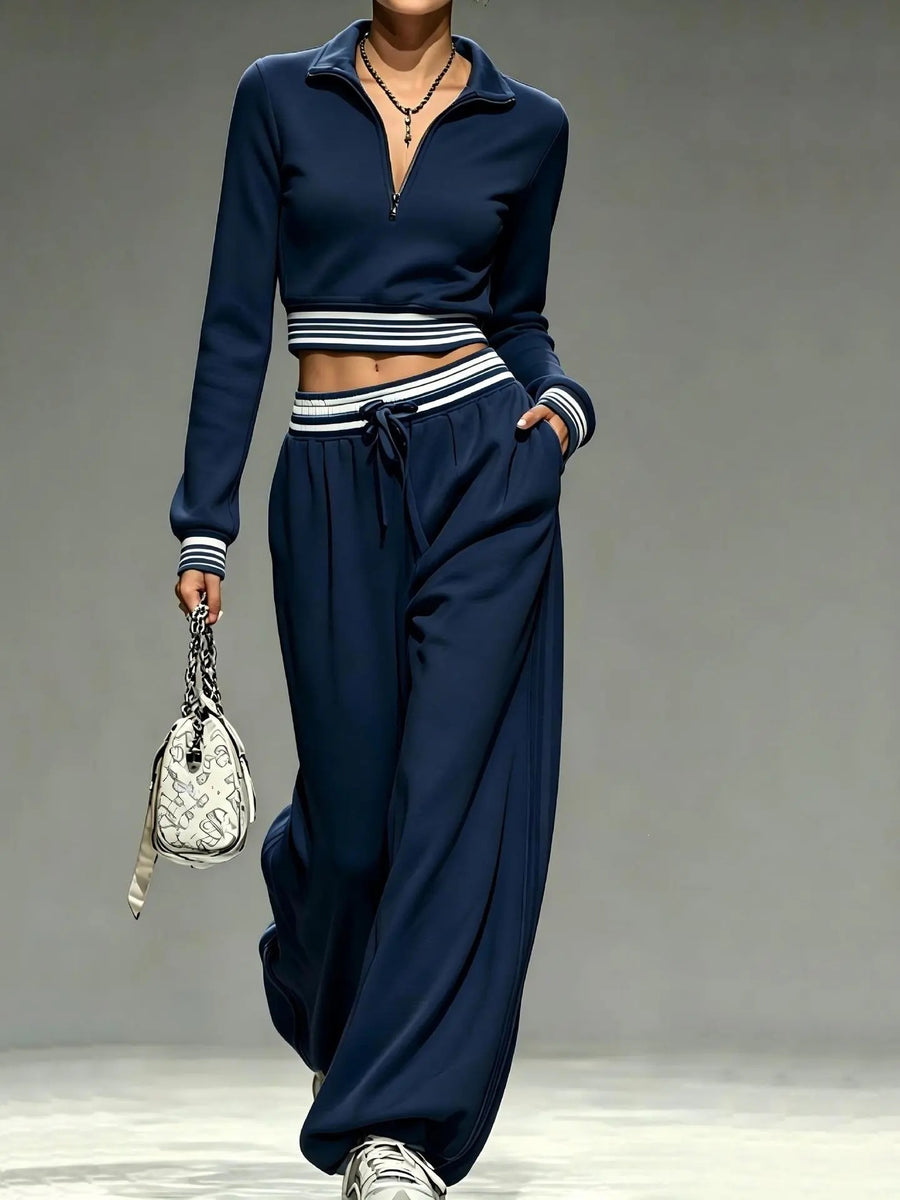 Women's Casual Quarter-Zip Crop Top & Wide-Leg Tracksuit Set