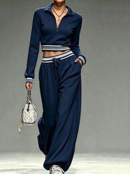 Women's Casual Quarter-Zip Crop Top & Wide-Leg Tracksuit Set
