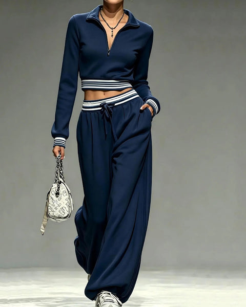 Women's Casual Quarter-Zip Crop Top & Wide-Leg Tracksuit Set