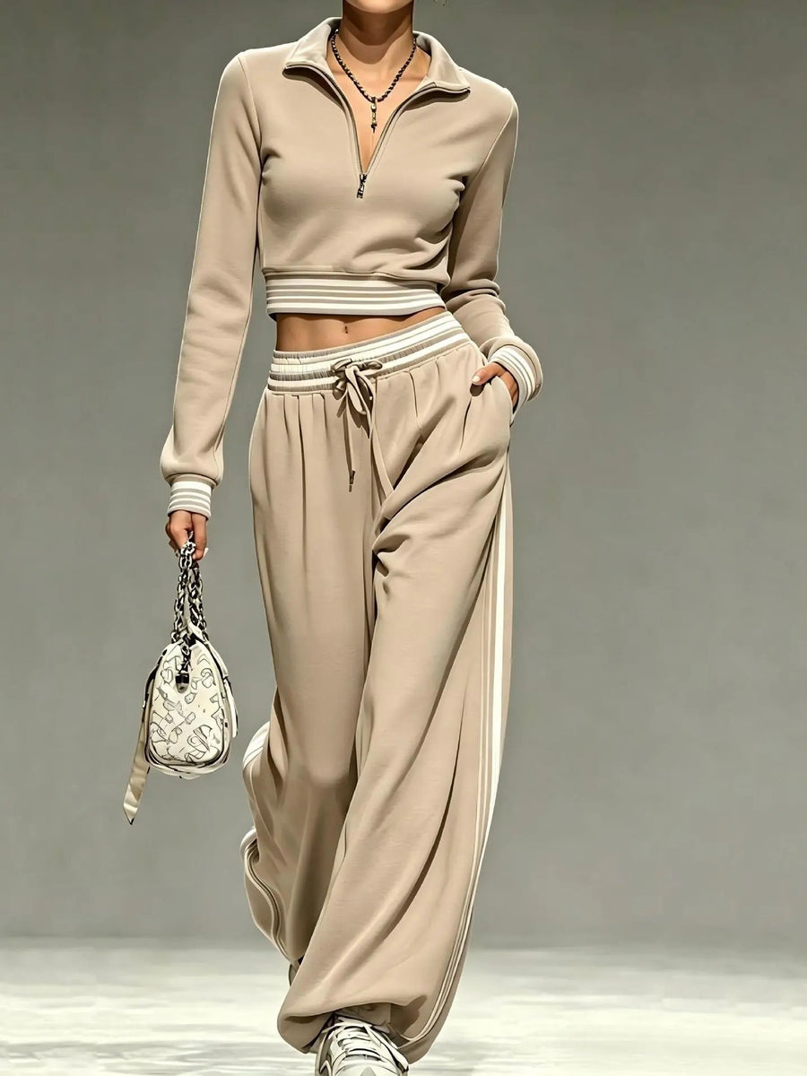 Women's Casual Quarter-Zip Crop Top & Wide-Leg Tracksuit Set