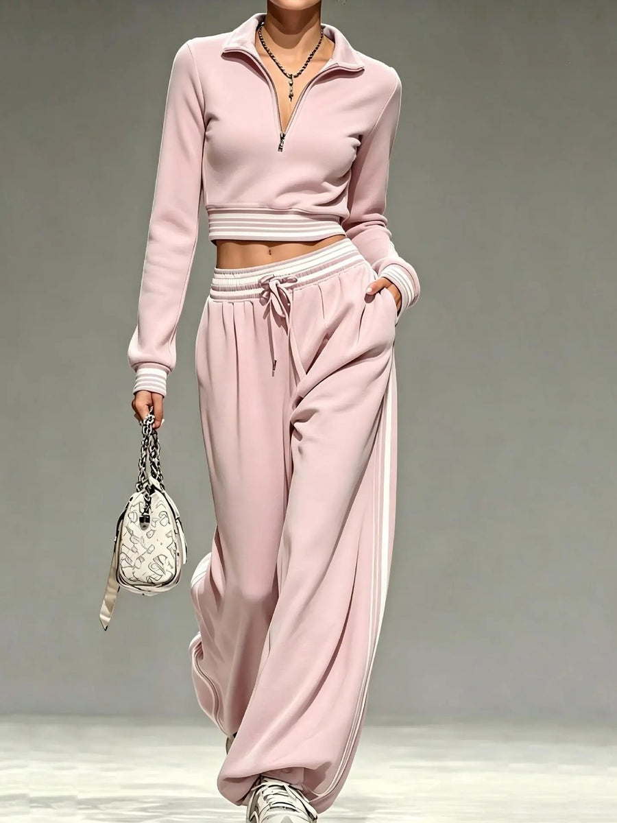Women's Casual Quarter-Zip Crop Top & Wide-Leg Tracksuit Set