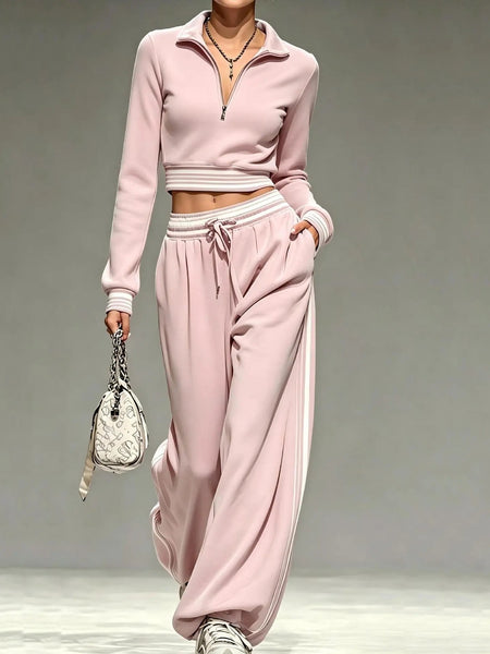 Women's Casual Quarter-Zip Crop Top & Wide-Leg Tracksuit Set