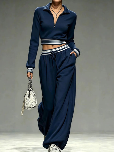 Women's Casual Quarter-Zip Crop Top & Wide-Leg Tracksuit Set
