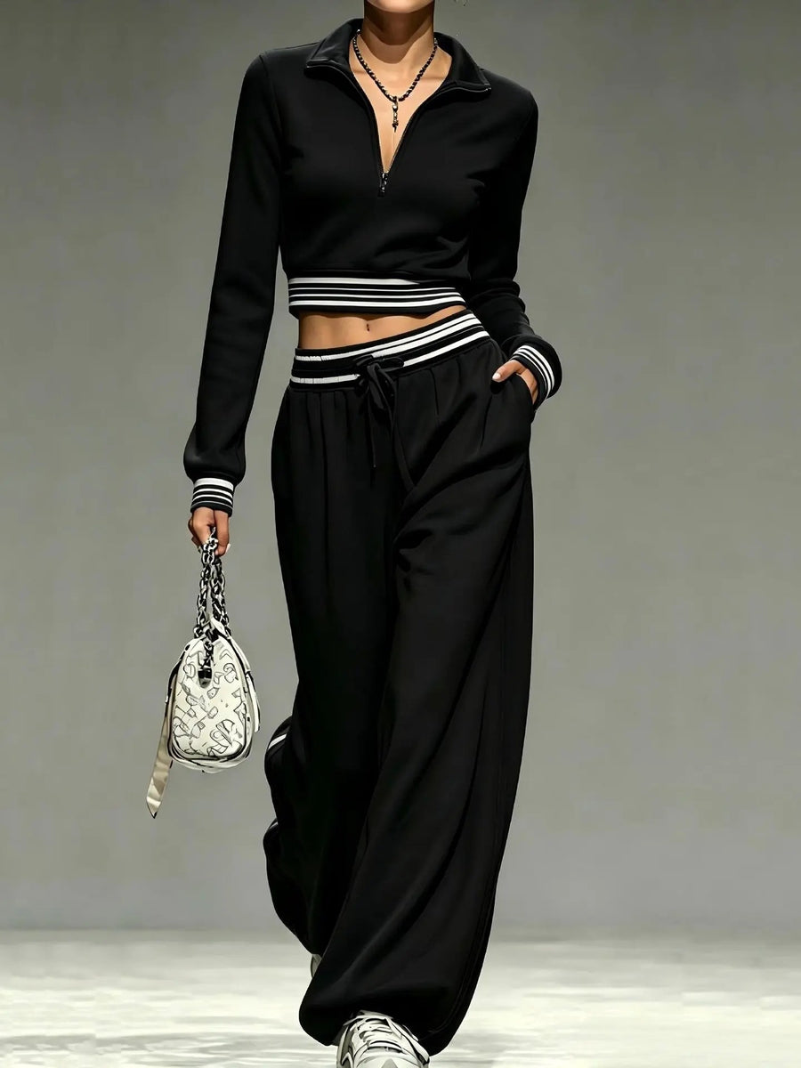 Women's Casual Quarter-Zip Crop Top & Wide-Leg Tracksuit Set