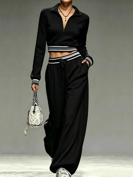 Women's Casual Quarter-Zip Crop Top & Wide-Leg Tracksuit Set